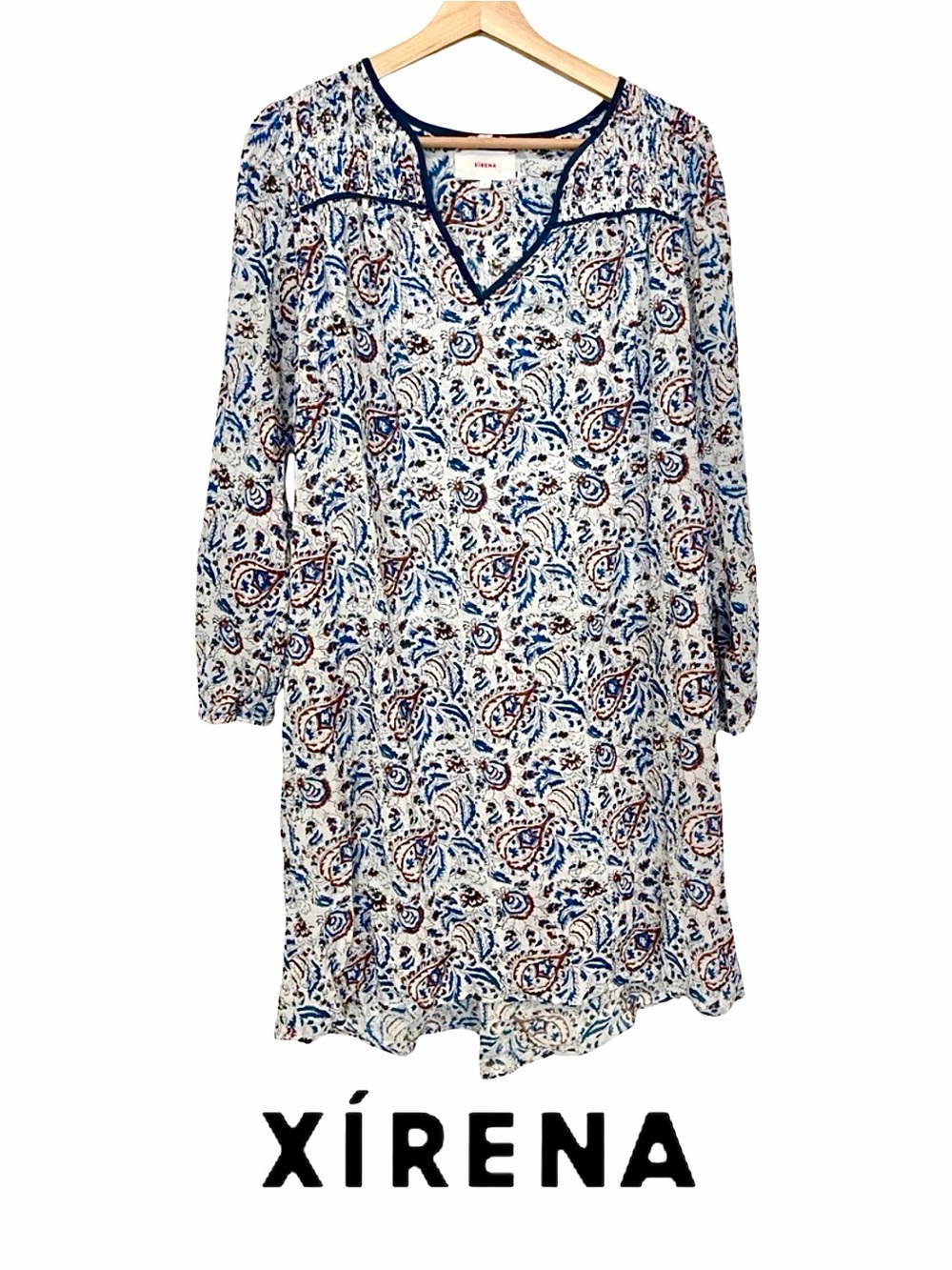 XiRENA Blue and White Paisley Mini Dress